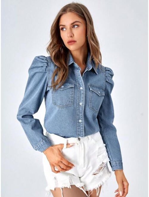 SHEIN LUNE Flap Pocket Gigot Sleeve Denim Shirt