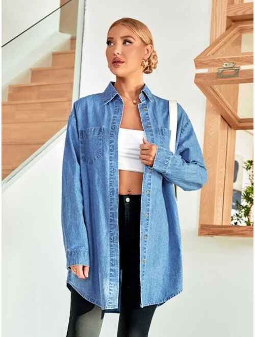 SHEIN Essnce Patched Pocket Curved Hem Denim Shirt