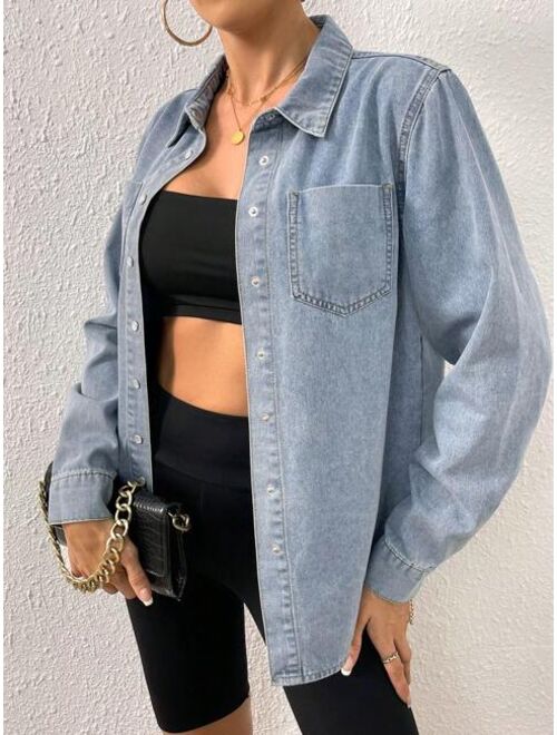 SHEIN EZwear Patched Pocket Curved Hem Denim Shirt