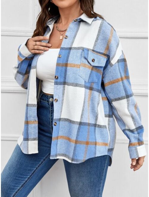 SHEIN EZwear Plus Plaid Print Pocket Front Drop Shoulder Shirt