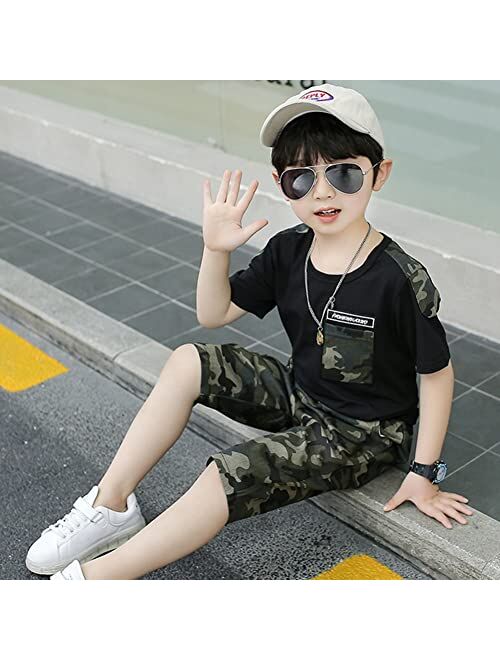 LOLANTA Boy Summer Clothes Kids Casual 2 Piece Outfit Cotton T-Shirt Camouflage Shorts Set