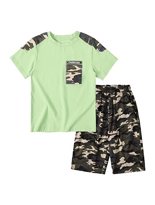 LOLANTA Boy Summer Clothes Kids Casual 2 Piece Outfit Cotton T-Shirt Camouflage Shorts Set