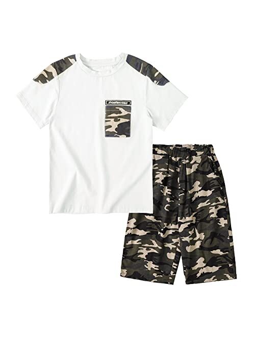 LOLANTA Boy Summer Clothes Kids Casual 2 Piece Outfit Cotton T-Shirt Camouflage Shorts Set