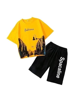 Volunboy Boys Summer Outfits Kids Short Sleeve T-shirt and Shorts Set Cartoon Print Clothing Sets