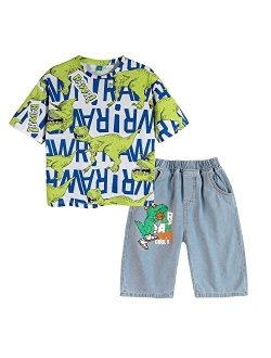 Volunboy Boys Summer Outfits Kids Short Sleeve T-shirt and Shorts Set Cartoon Print Clothing Sets