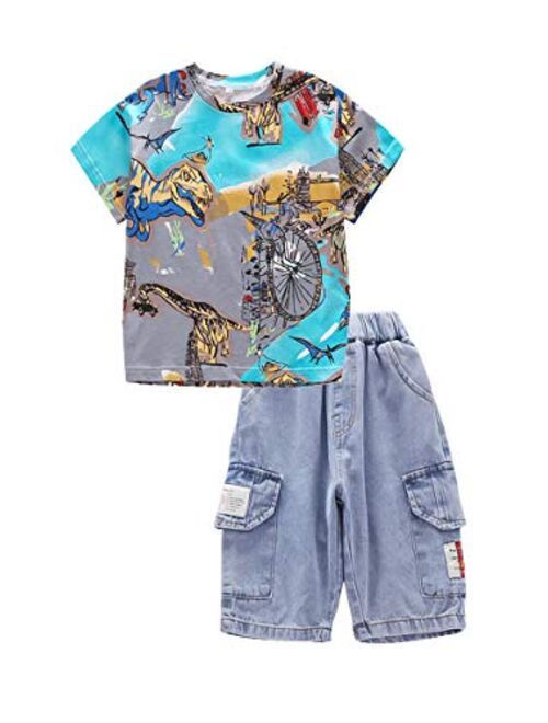 Volunboy Boys Summer Outfits Kids Short Sleeve T-shirt and Shorts Set Cartoon Print Clothing Sets