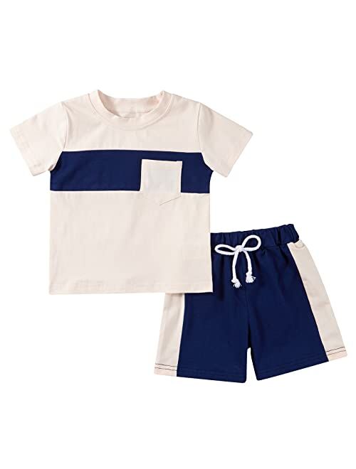 SYNPOS Toddler Sets Clothes For Boys Letter Print Clothes Short Sleeve T-Shirt Solid Color Shorts Set 2Pcs Summer Outfits