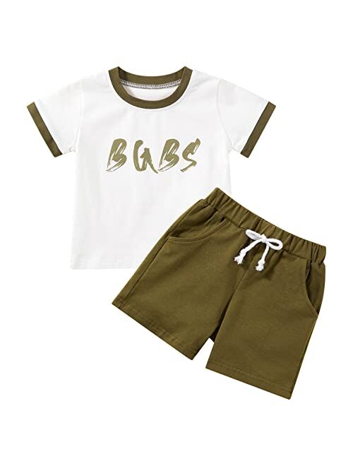 SYNPOS Toddler Sets Clothes For Boys Letter Print Clothes Short Sleeve T-Shirt Solid Color Shorts Set 2Pcs Summer Outfits