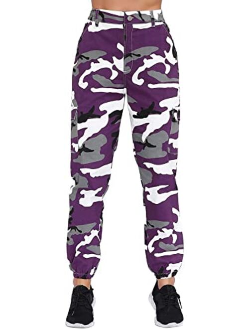 GEZOUR Women's Camo Cargo Pants Elastic High Waist Streetwear Outdoor Camouflage Multi Jogger Sweatpants with Pockets