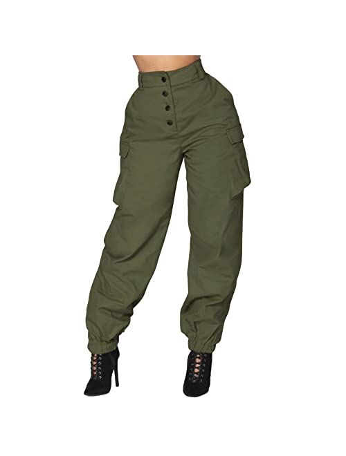 Viatabuna Womens Elastic High Waisted Cargo Jogger Pants Loose Fit Casual Cargo Pants Baggy Sweatpants Trousers with Pockets