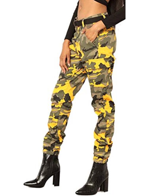 LTOTXKMR Women's High Waisted Slim Fit Camouflage Camo Jogger Pants with Belt