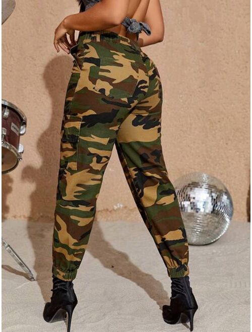 Shein Street High Waist Camo Print Patched Flap Pocket Side Jogger Cargo Pants