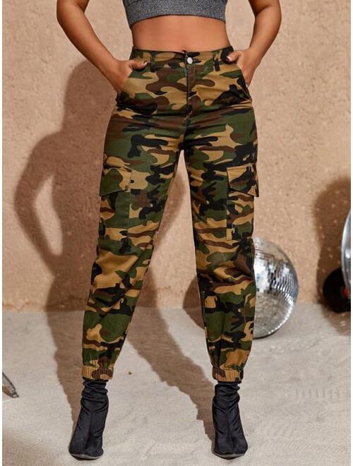 Shein Street High Waist Camo Print Patched Flap Pocket Side Jogger Cargo Pants