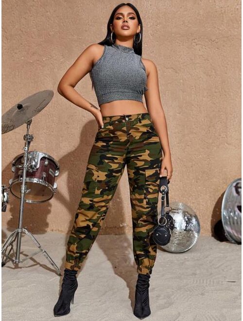 Shein Street High Waist Camo Print Patched Flap Pocket Side Jogger Cargo Pants