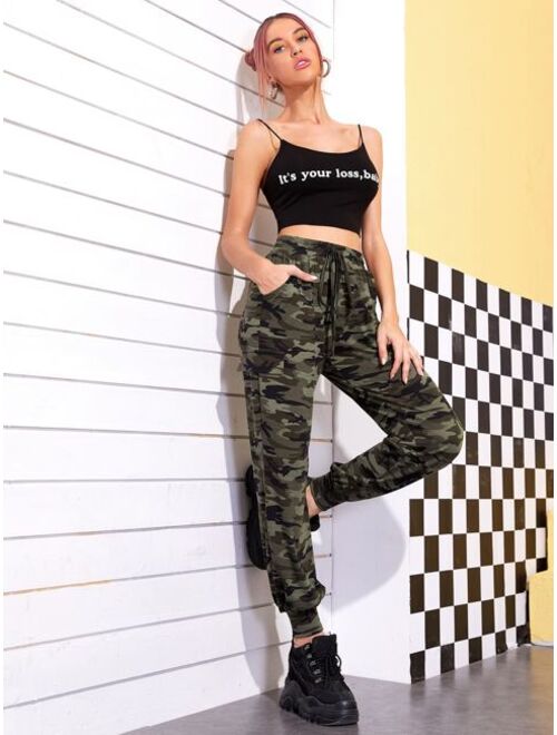 SHEIN EZwear Drawstring Waist Flap Detail Camo Pants