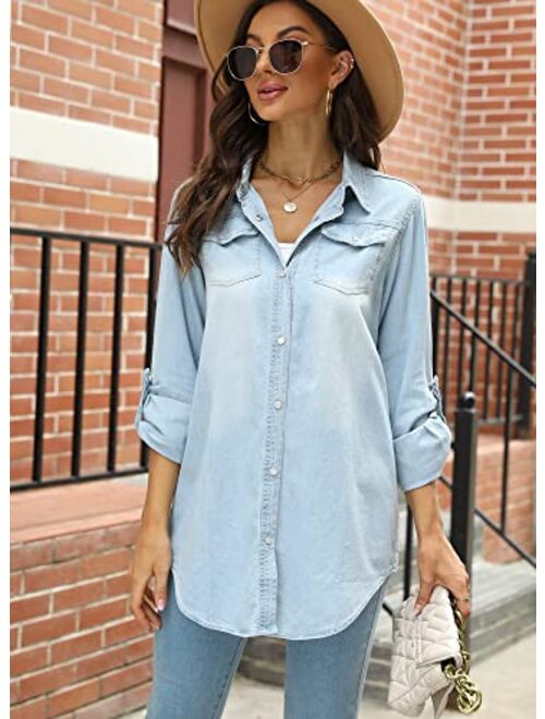 Kedera Women's Classic Long/Roll Up Sleeve Button Down Western Denim Snap Shirt Blouse Tops