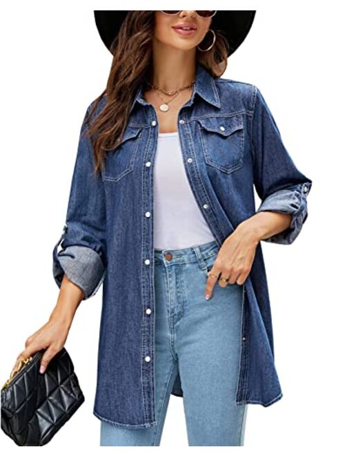 Kedera Women's Classic Long/Roll Up Sleeve Button Down Western Denim Snap Shirt Blouse Tops