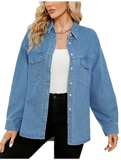 Ladyful Women's Boyfriend Denim Shirt Casual Baggy Button Down Jean Blouse Top