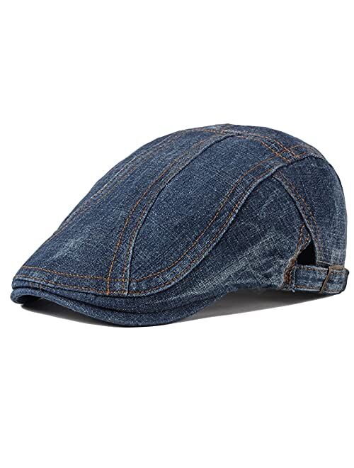 Qianuer Denim Newsboy Hats Adjustable Ivy Flat Cap Gatsby Cabbie Driving Hat for Men Women