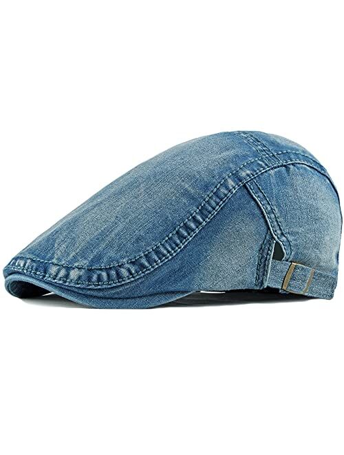 Qianuer Denim Newsboy Hats Adjustable Ivy Flat Cap Gatsby Cabbie Driving Hat for Men Women