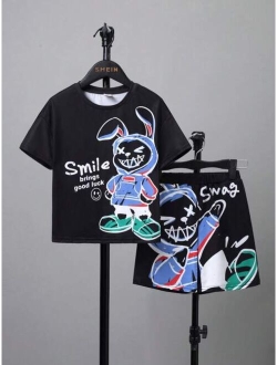 Kids Cooltwn Toddler Boys Cartoon & Slogan Graphic Drop Shoulder Tee & Shorts