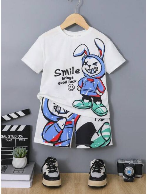 SHEIN Kids Cooltwn Toddler Boys Cartoon & Slogan Graphic Drop Shoulder Tee & Shorts