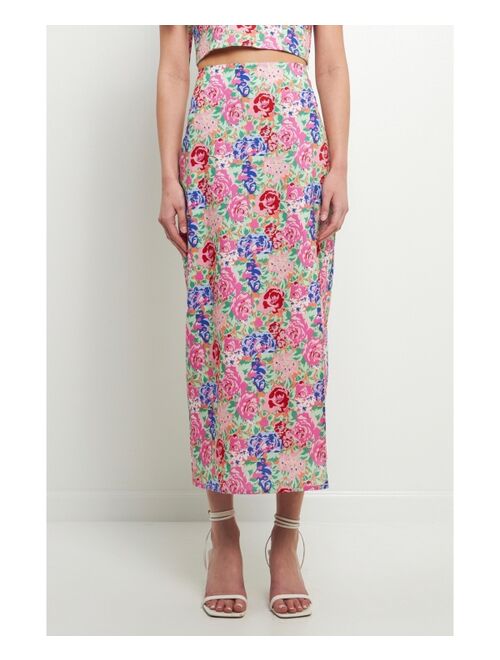 ENDLESS ROSE Women's Cotton Floral Print Slit Maxi Skirt