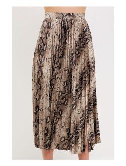Women's Snake Skin Pleated Slit Midi Skirt