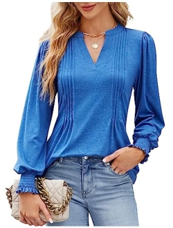 Womens Dressy Casual Tops Long Sleeve Work Shirts Basic V Neck Blouse Fall Clothes 2023