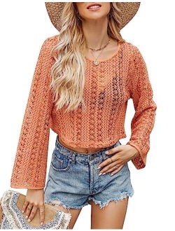 Womens Y2K Knitted Crop Tops Summer Sexy Scoop Neck Crochet Long Bell Sleeve Cute Hollow Out Shirts