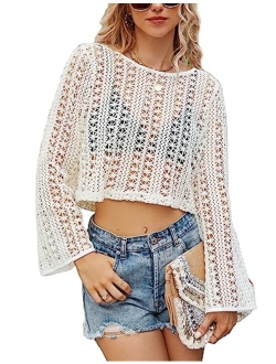 Womens Y2K Knitted Crop Tops Summer Sexy Scoop Neck Crochet Long Bell Sleeve Cute Hollow Out Shirts