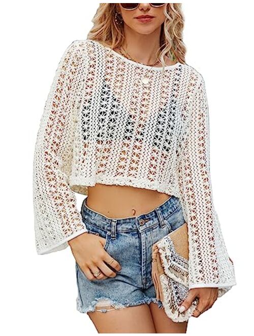 Blooming Jelly Womens Y2K Knitted Crop Tops Summer Sexy Scoop Neck Crochet Long Bell Sleeve Cute Hollow Out Shirts