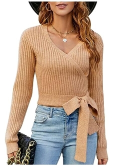 Womens Cropped Sweaters V Neck Wrap Going Out Tops Sexy Ribbed Long Sleeve Fall Pullover Sweater 2023