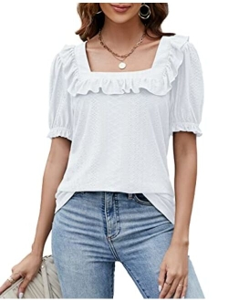 Womens Work Shirts Dressy Casual Tops White Ruffle Sleeve Tops Eyelet Summer Blouses