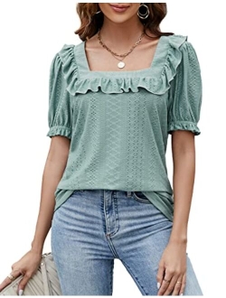 Womens Work Shirts Dressy Casual Tops White Ruffle Sleeve Tops Eyelet Summer Blouses