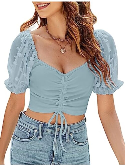 Blooming Jelly Womens Crop Tops Puff Sleeve Summer Tops Going Out Short Sleeve Shirts with Drawstring