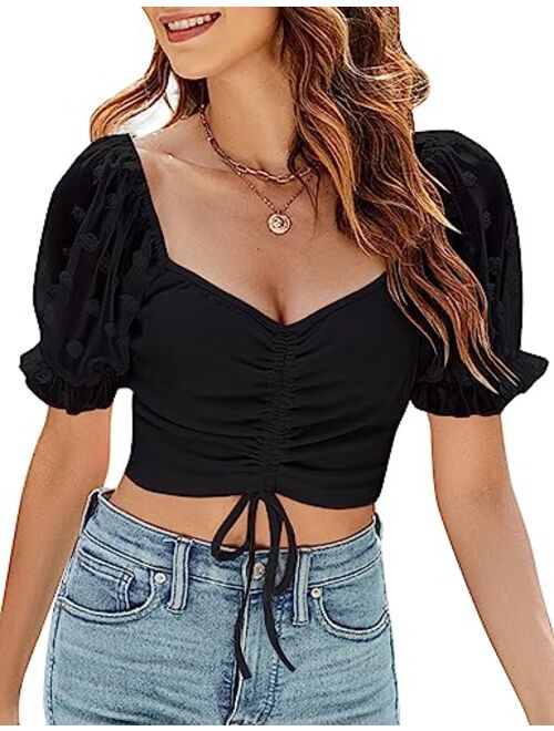 Blooming Jelly Womens Crop Tops Puff Sleeve Summer Tops Going Out Short Sleeve Shirts with Drawstring