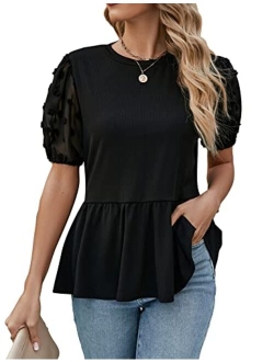 Womens Business Casual Tops Square Neck Puff Sleeve Babydoll Blouse Eyelet Smocked Peplum Tunic Top