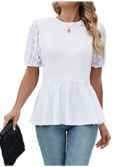 Womens Business Casual Tops Square Neck Puff Sleeve Babydoll Blouse Eyelet Smocked Peplum Tunic Top