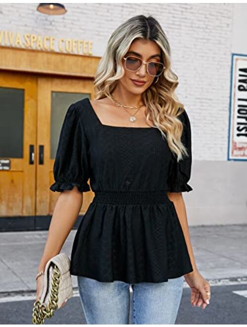 Blooming Jelly Womens Business Casual Tops Square Neck Puff Sleeve Babydoll Blouse Eyelet Smocked Peplum Tunic Top