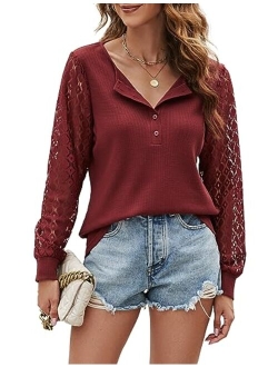 Women's Waffle Knit Tops Dressy Casual Long Sleeve Shirts Henley V Neck Blouses Fall Clothes 2023