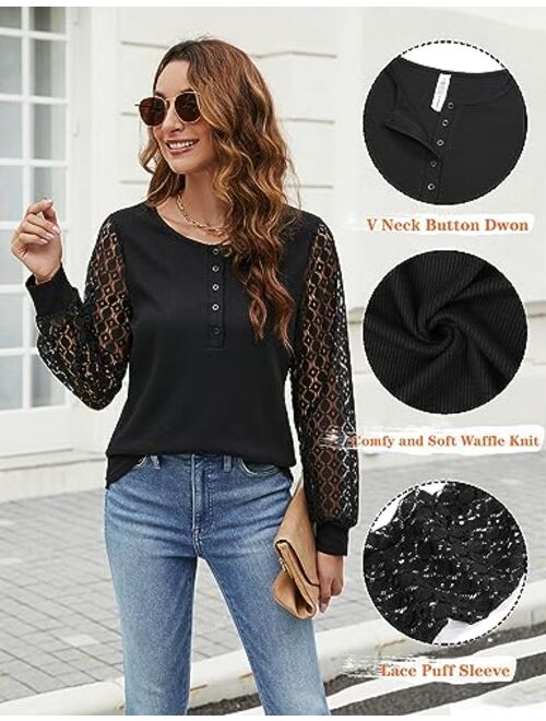 Blooming Jelly Women's Waffle Knit Tops Dressy Casual Long Sleeve Shirts Henley V Neck Blouses Fall Clothes 2023