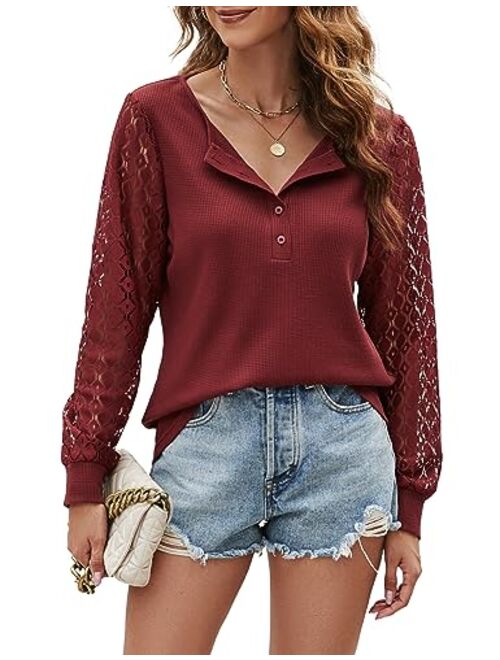 Blooming Jelly Women's Waffle Knit Tops Dressy Casual Long Sleeve Shirts Henley V Neck Blouses Fall Clothes 2023