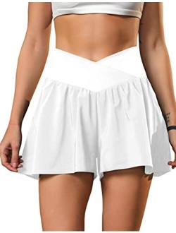 Women's Flowy Running Shorts Crossover High Waisted Workout Athletic Shorts Summer Skirt Shorts with Pocket