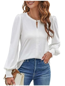 Womens Long Sleeve Dressy Casual Top V Neck Puff Sleeve Shirt Keyhole Blouse 2023