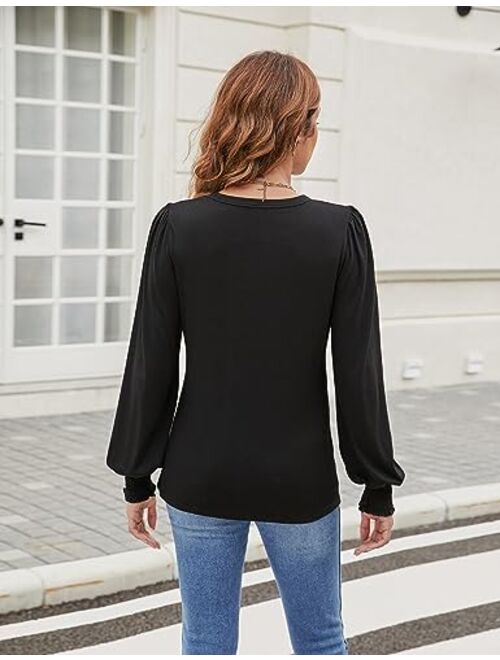 Blooming Jelly Womens Long Sleeve Dressy Casual Top V Neck Puff Sleeve Shirt Keyhole Blouse 2023