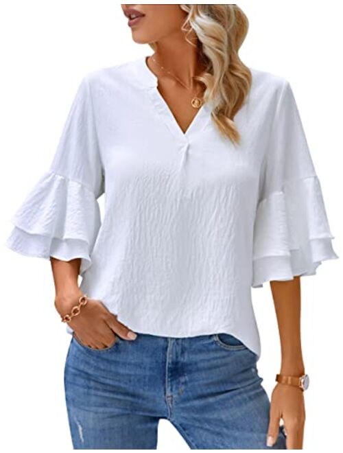 Blooming Jelly Womens Casual Tops Work Bell Sleeve Dressy Casual Blouse Summer Fashion 2023 V Neck 3/4 Sleeve Shirts