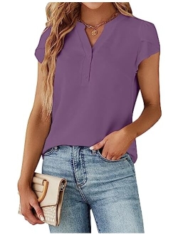 Women's Dressy Casual Tops Business Work Blouses White Button Down Shirts Cap Sleeve V Neck Tshirt