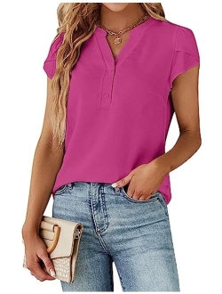 Women's Dressy Casual Tops Business Work Blouses White Button Down Shirts Cap Sleeve V Neck Tshirt