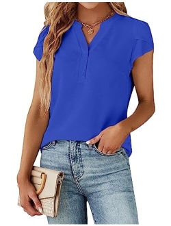 Women's Dressy Casual Tops Business Work Blouses White Button Down Shirts Cap Sleeve V Neck Tshirt